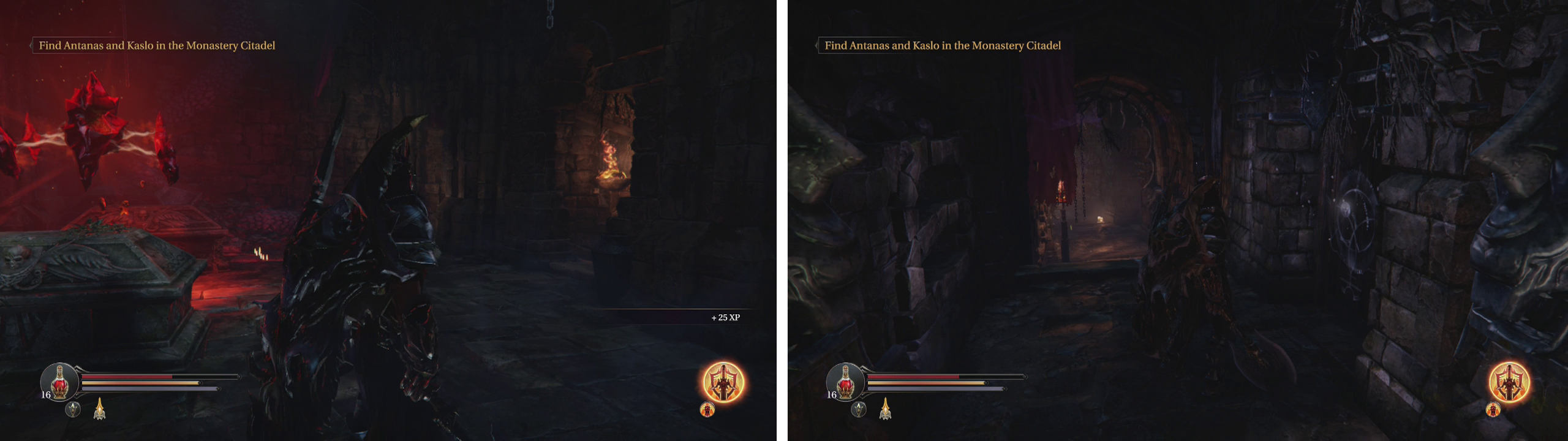 Take the tunnel in front of the Checkpoint Crystal (left) and enter the rune door to the right for a chest (right).