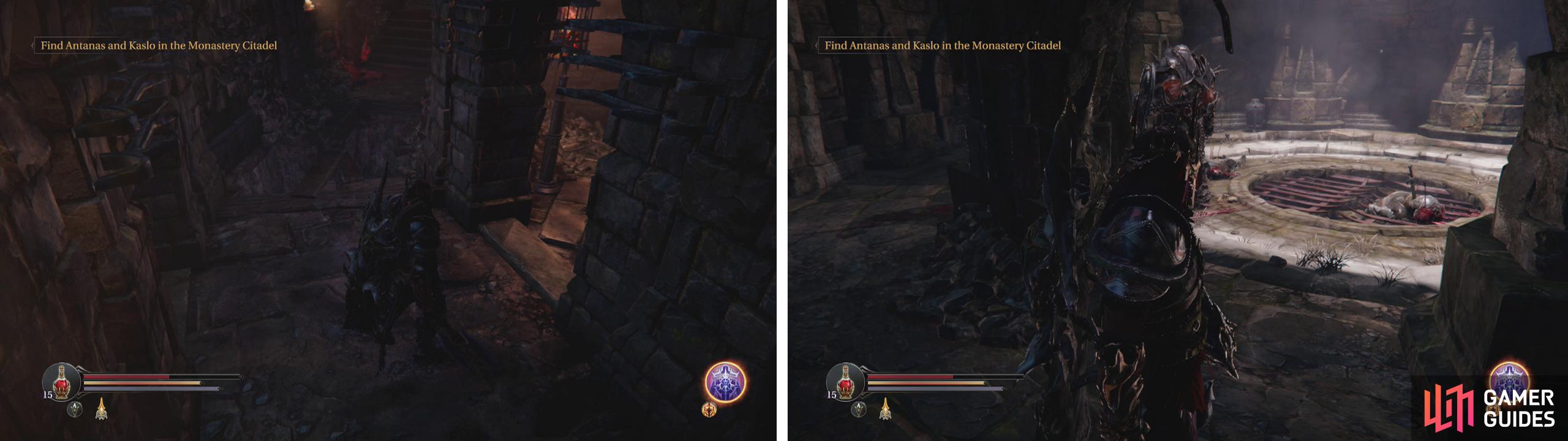 Jump across the gap bridged by the wooden plank (left) and then fight the Knight in the cirular room (right).