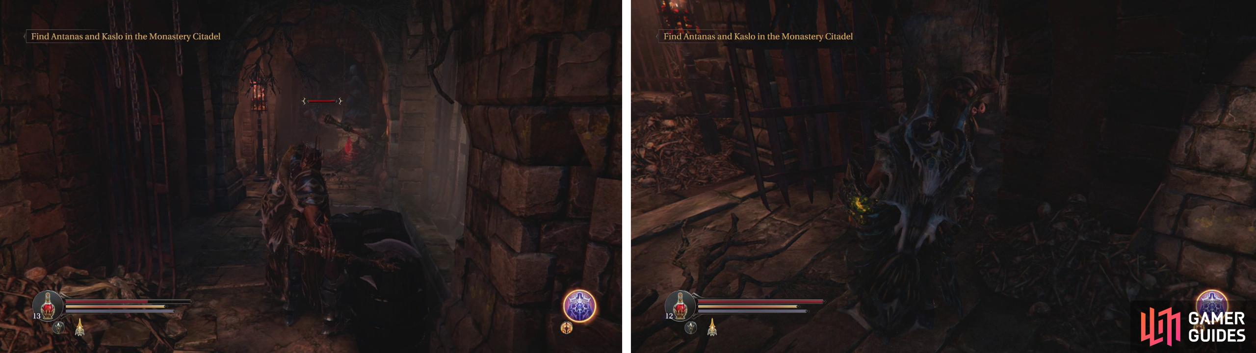Enter the wooden door near the lever (left) for a Lever Handle item. Use this to open the Infected Monks cell and kill him (right) to complete the side-quest.