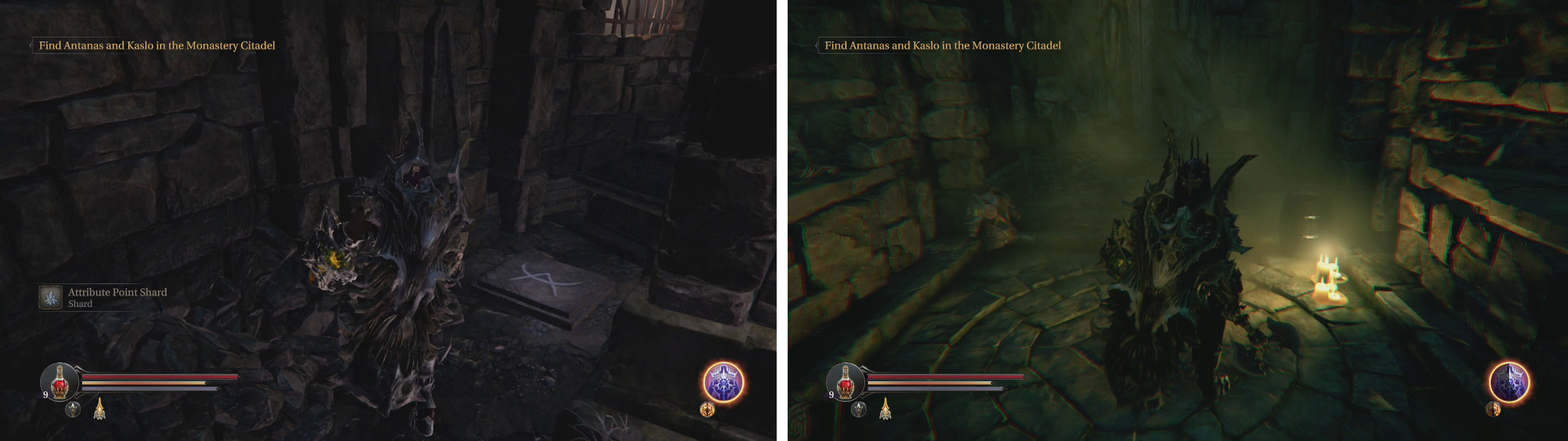 In The Pit, look behind the pillars for a pressure plate (left). Interact with the statue (right) in the room it opens for a new weapon.