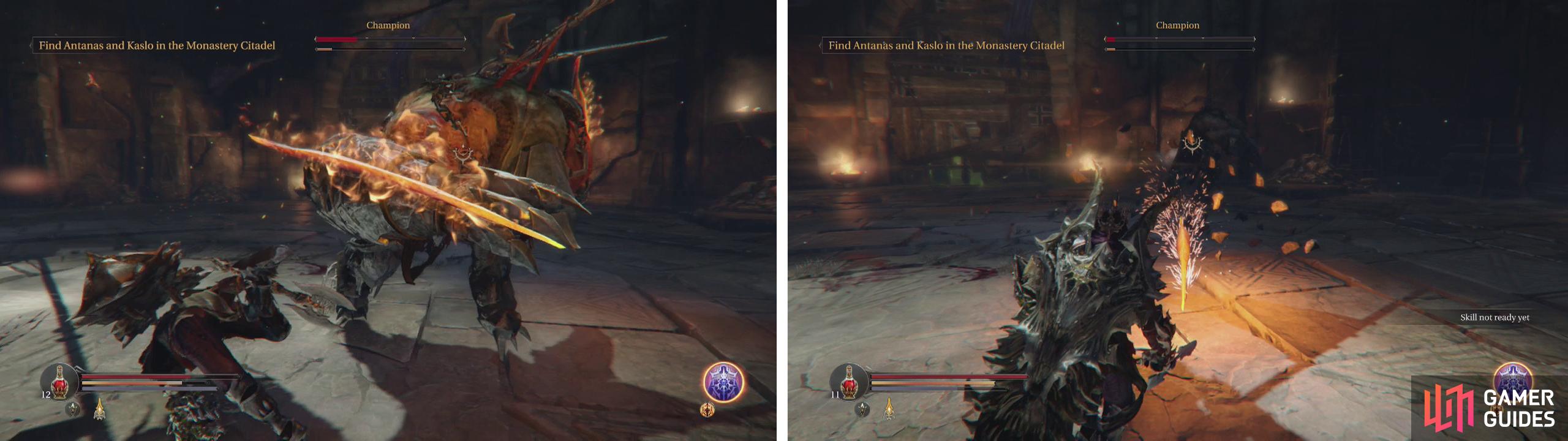 When the boss enters Rage Mode his weapons will catch alight (left). At the end of the fight, his subterranean attack will change into a spinning blade (right).
