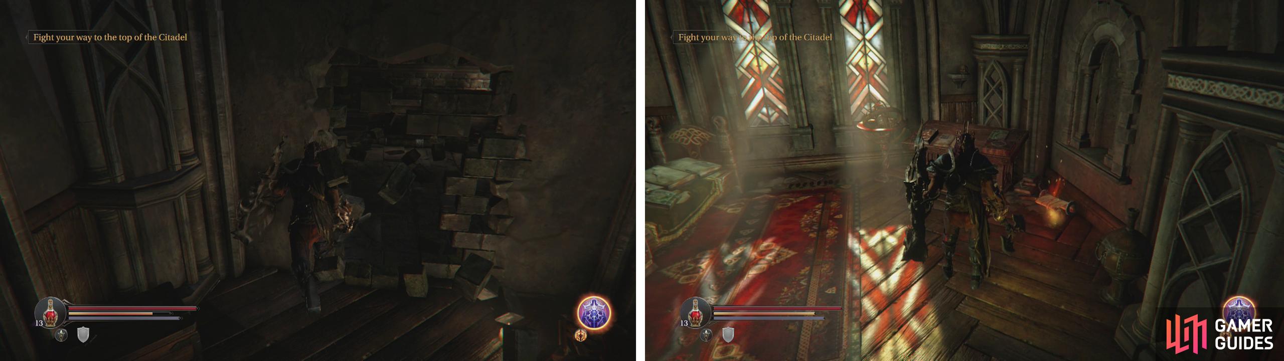 Look in the right hand room for a breakable wall containing a chest (left) and in the left you'll find an Audio Note (right).