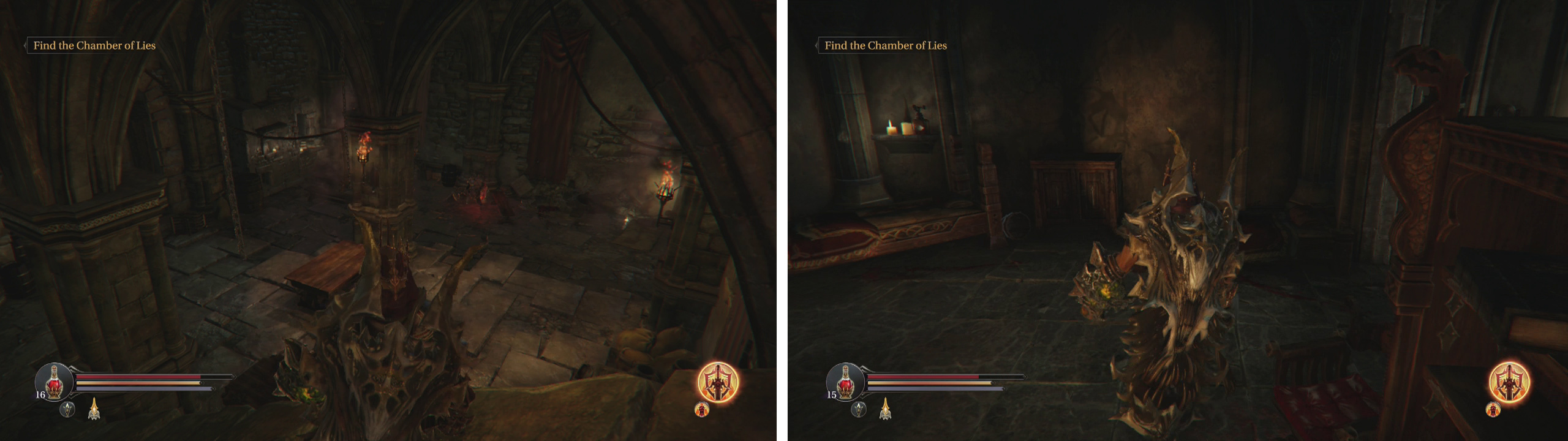 The Curse Sword is in the Old Quarters (left) guarded by a rogue and a Crossbowman. This wall can be broken (right), the pressure plate in the previous room will open the door inside.