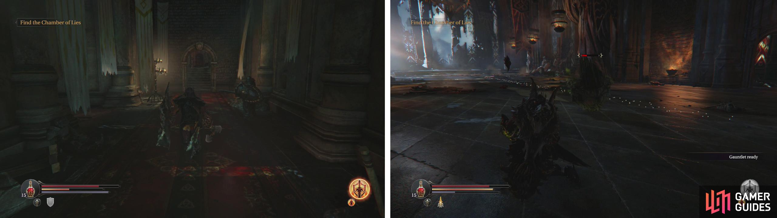 Speak with the guard in the Main Hall (left) and then enter the Initiation Room to fight the Poison Beast (right).