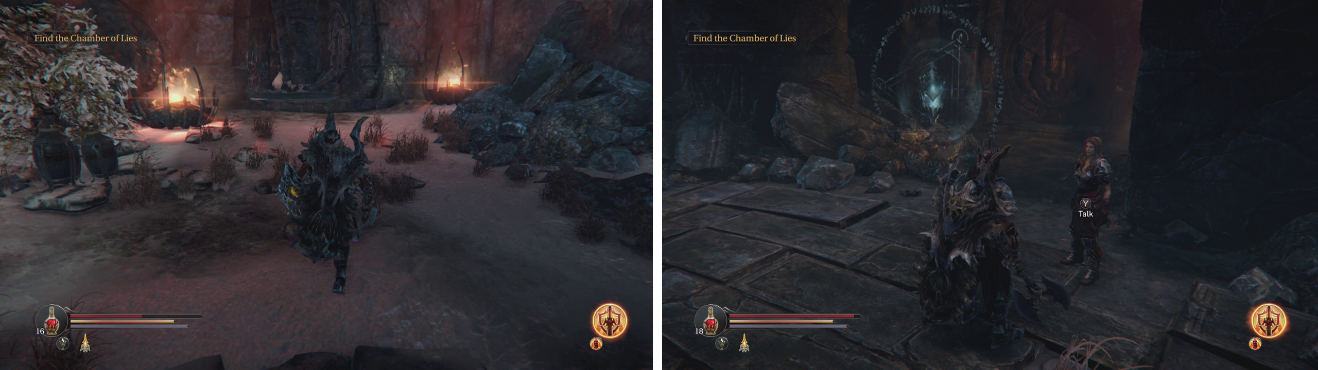Re-enter the Rhogar Temple (left) and head for the Infiltrators area to find Yetka (right).