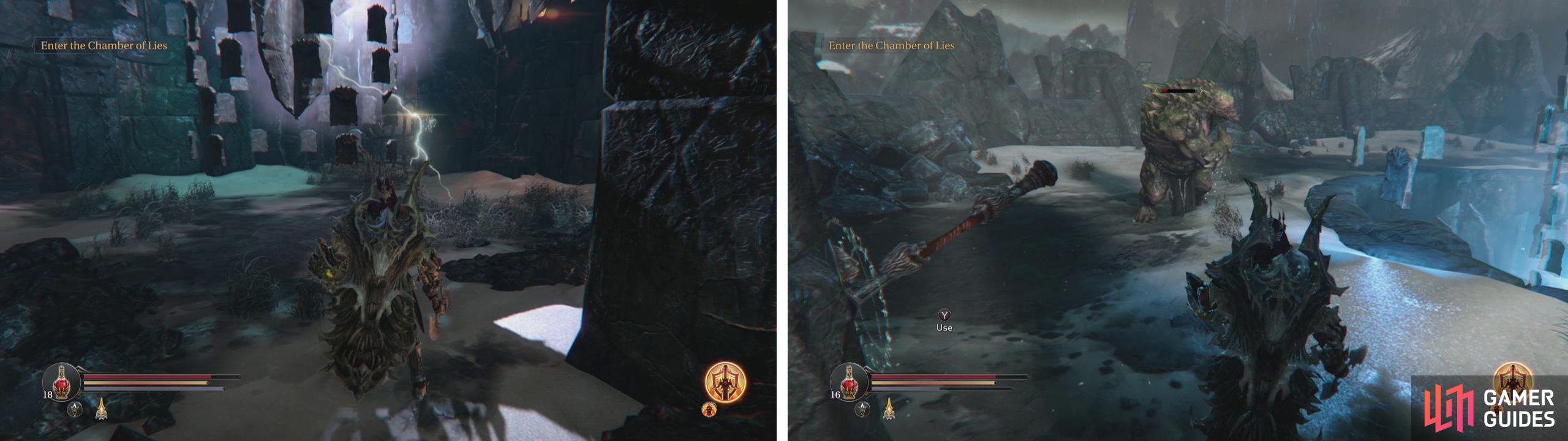 Enter the room with floating tablets for a scene (left). Climb to the roof to fight the Poison Beast and pull the lever (right).