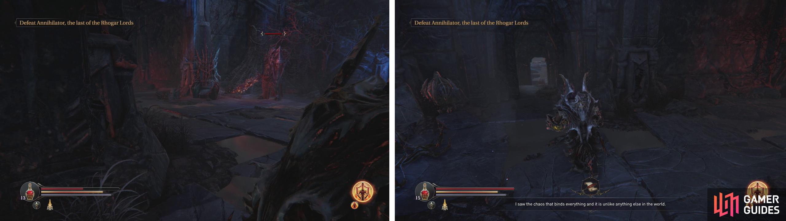 Fight off the Warden (left) and then grab the Tyrant's Heart from the urn near the door (right).