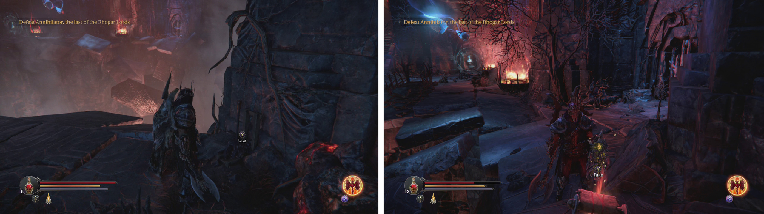 Pull the lever on the South Edge of the abyss room (left) to open the locked gate on the North side of the room (right). Inside is the Staffs Head quest item.