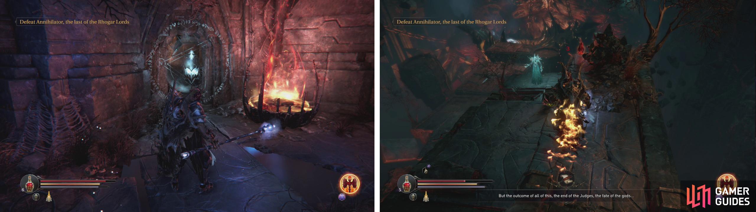 Remove the glyph from the door (left) and make your way down to the giant monster (right).