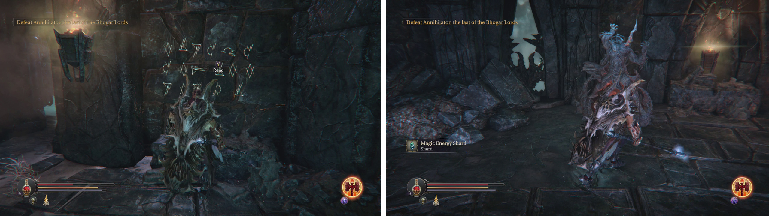 If you take a detour to the Altar Ruins, you can find a Runic Note (left) and a statue to destroy with the Tor Hammer (right).