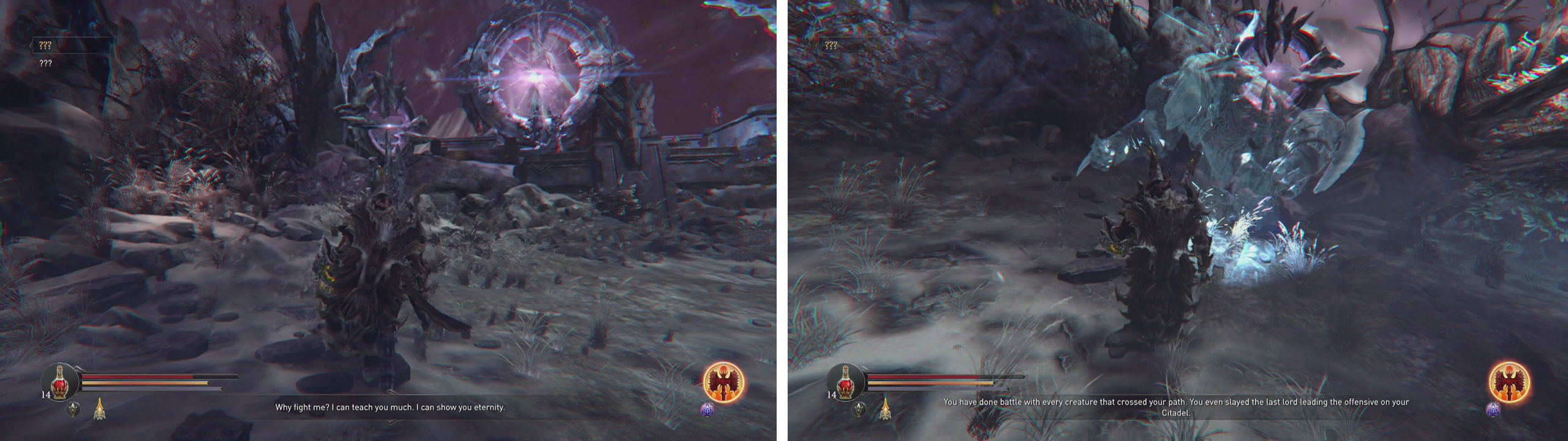 Enter the open area (left) and kill the ghostly versions of the bosses as they appear (right).