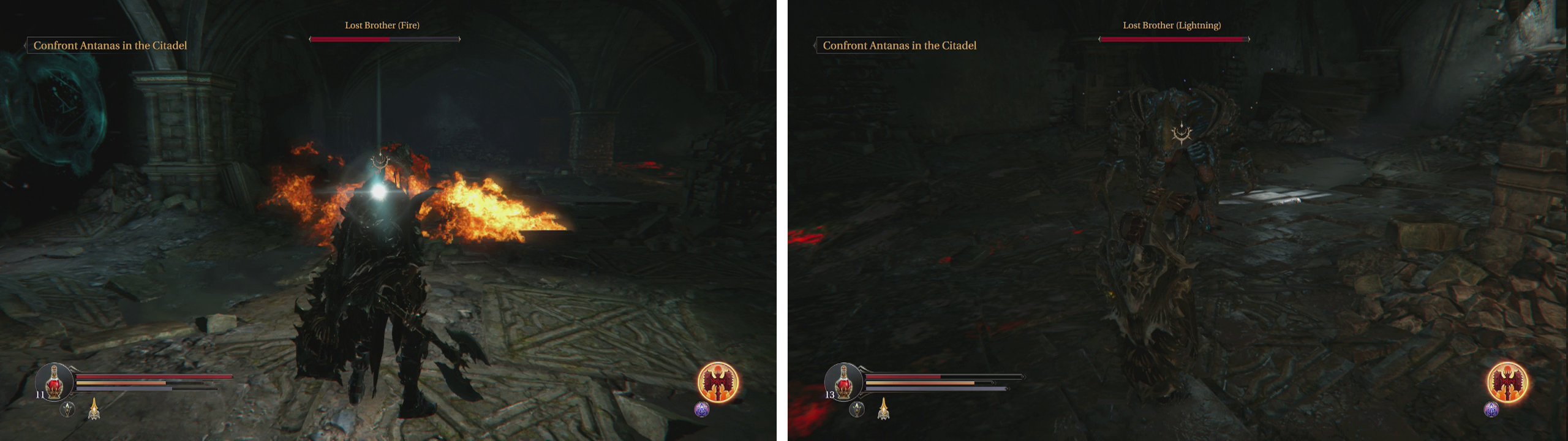The fire breath is the Fire Brother's biggest opportunity for a melee attack (left) whilst the Lightning Brother acts more like a regular melee enemy (right).