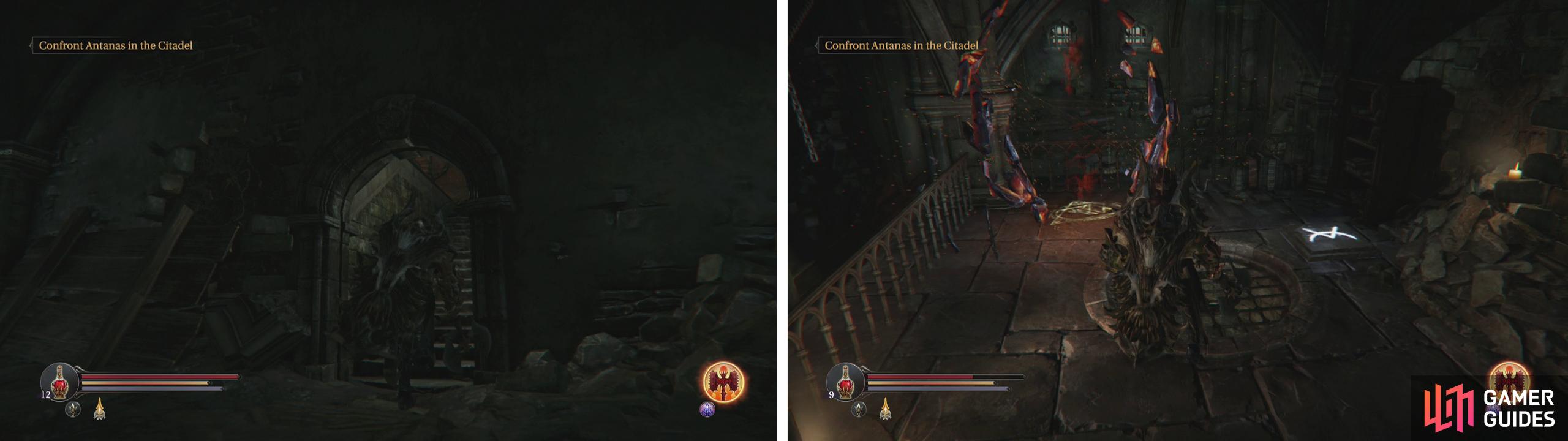 Exit the Flooded Hallways via the available stairway (left). On the next floor up youll find the final Loot Crystal (right).