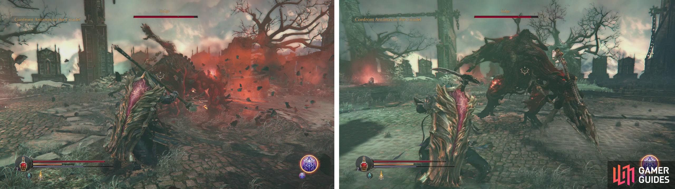 The boss provides slight openings for attack at the end of both his 3 hit (left) and 2 hit (right) melee combos.