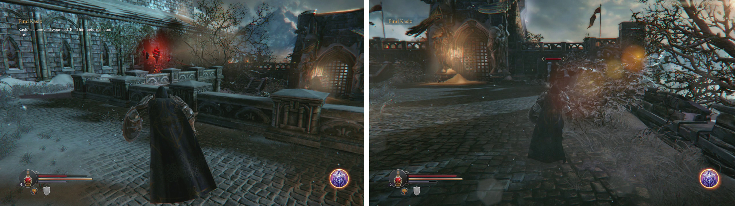 Use the Checkpoint Crystal as you exit (left). Clear the courtyard (right) and pull levers on the platforms either side of the gate to open it.