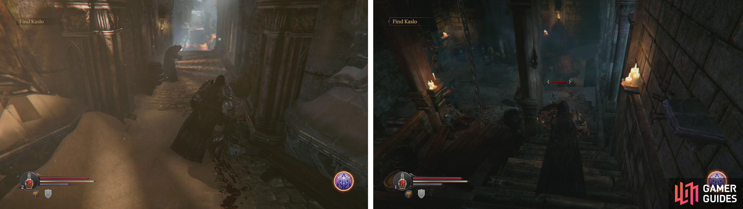 Speak with the Wounded monk just outside the gate (left) and then head inside the left hand door and kill the Spiders inside (right).