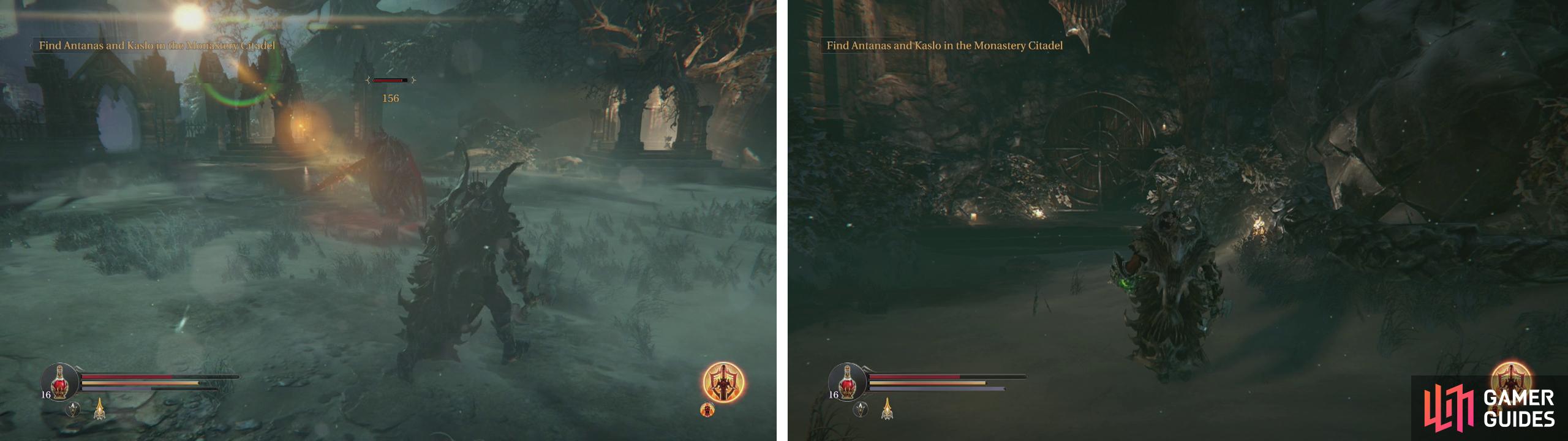 Kill the Warden in the graveyard (left) and then enter the door to the Catacombs (right).