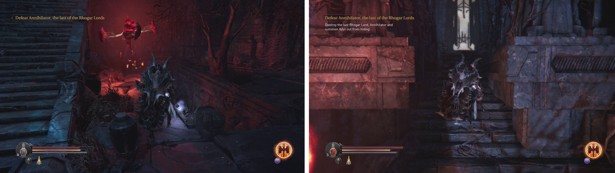 Use the Checkpoint Crystal nearby (left) before climbing the stairs to fight the Annihilator (right).