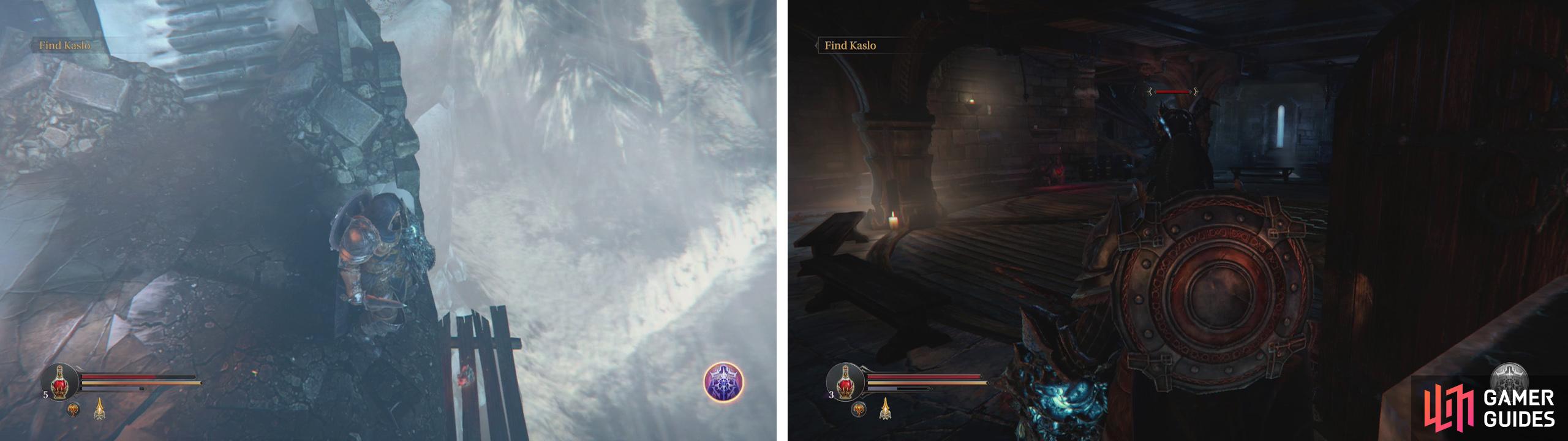 Drop tot he platform with the key from the South Watchtower (left). Fight your way through the enemies until you reach Yetkas Dagger (right).