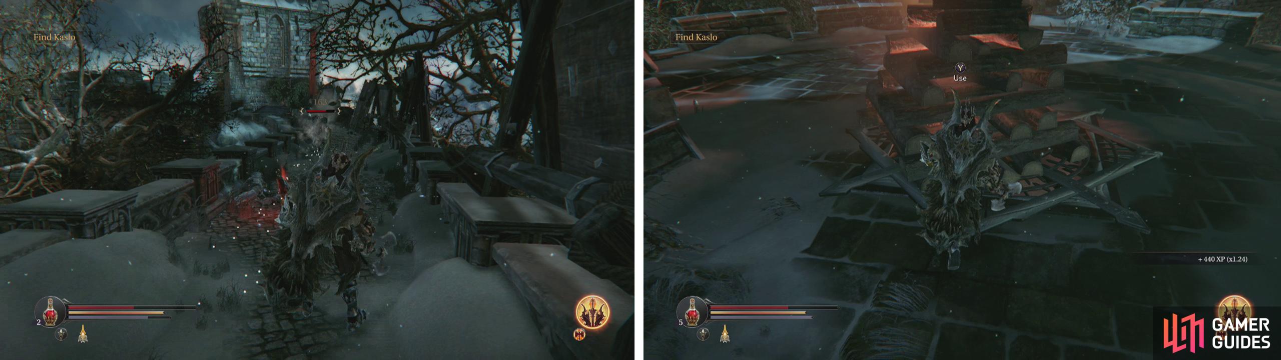 Grab the Bloody Flint from the passage left of the Loot Crystal #2 (left) and use it on the stack of logs ontop of the Burned Watchtower (right).