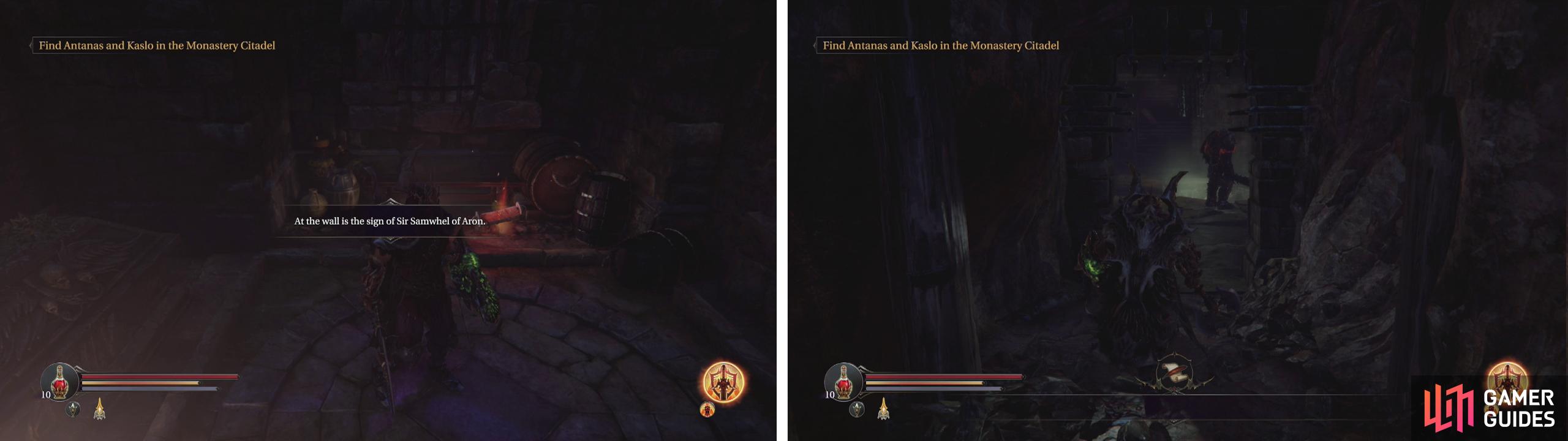 Enter the wooden door near the lever (left) for a Lever Handle item. Use this to open the Infected Monk's cell and kill him (right) to complete the side-quest.