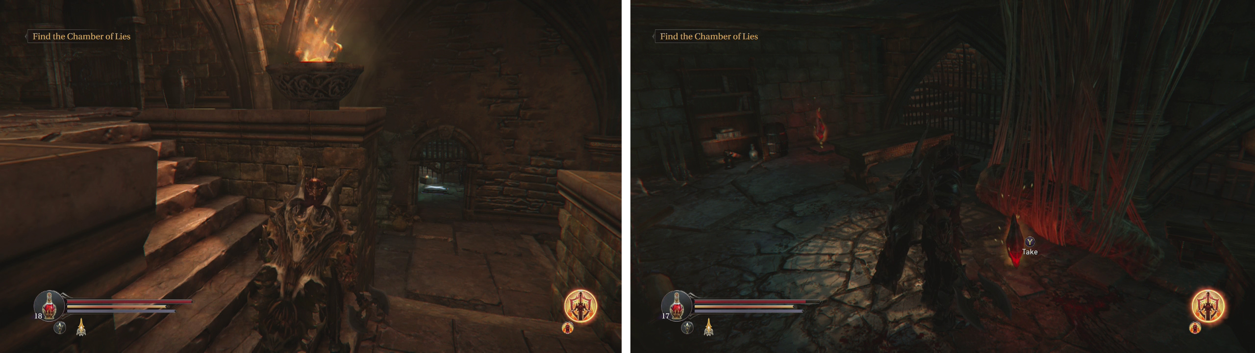Roll under the half-open gate for a pressure plate (left). Enter the door it opens, kill the Spider and interact with the glowing coccoon (right) for a quest item.