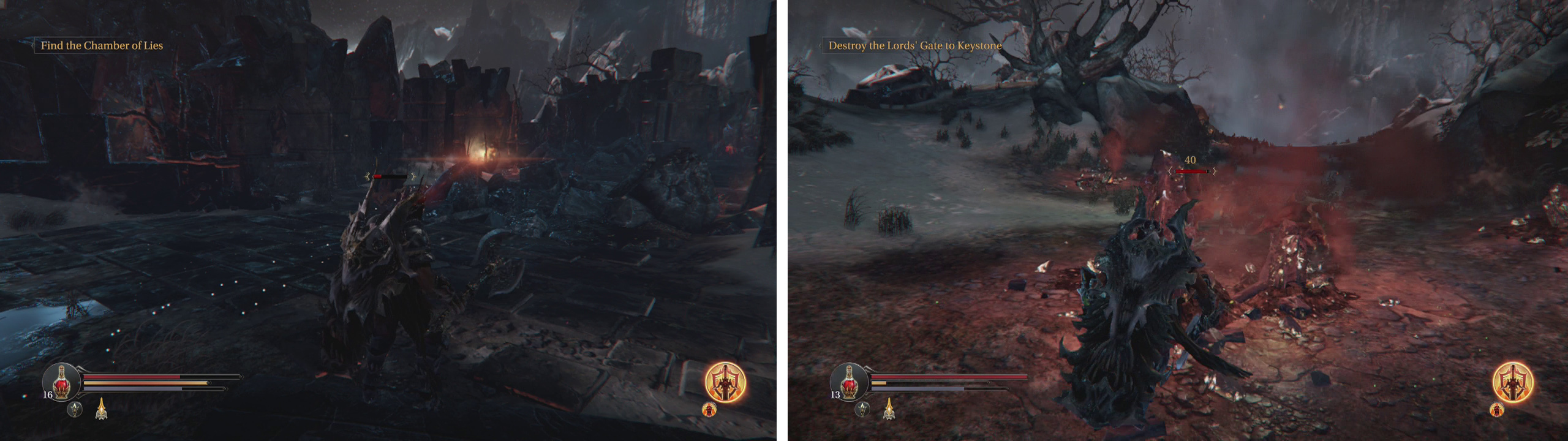 Attack the Demon Hound on the Panorama until it runs off (left). Make your way to the firey debris area in the Abandoned Range to find it with some friends (right).