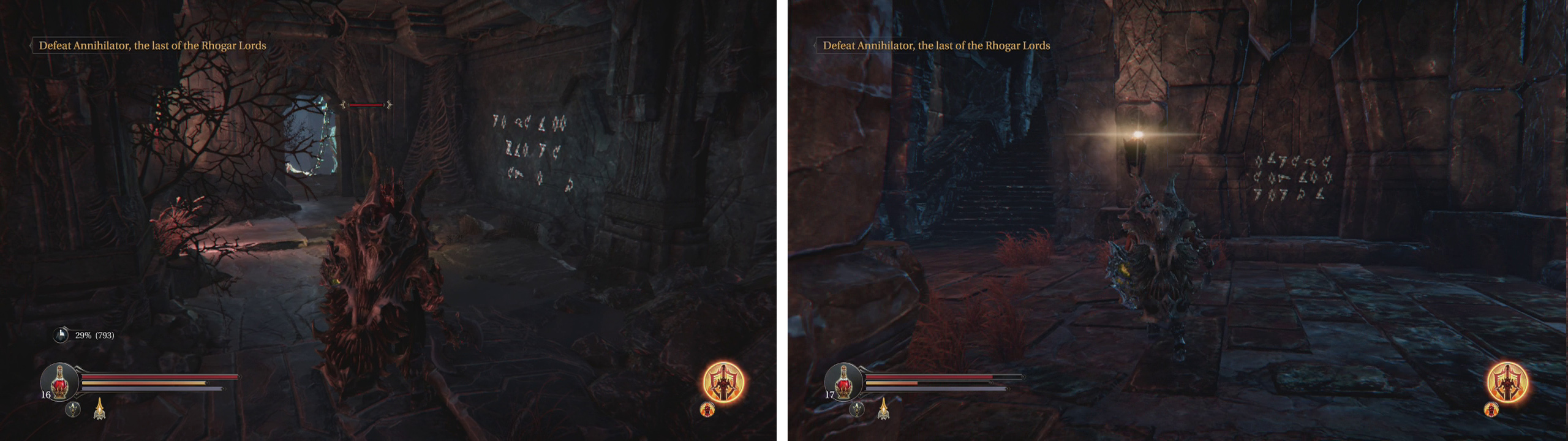 One of the Runic Inscriptions in the Chamber of Lies (left) and at an exit to the Infiltrator's boss fight arena (right).