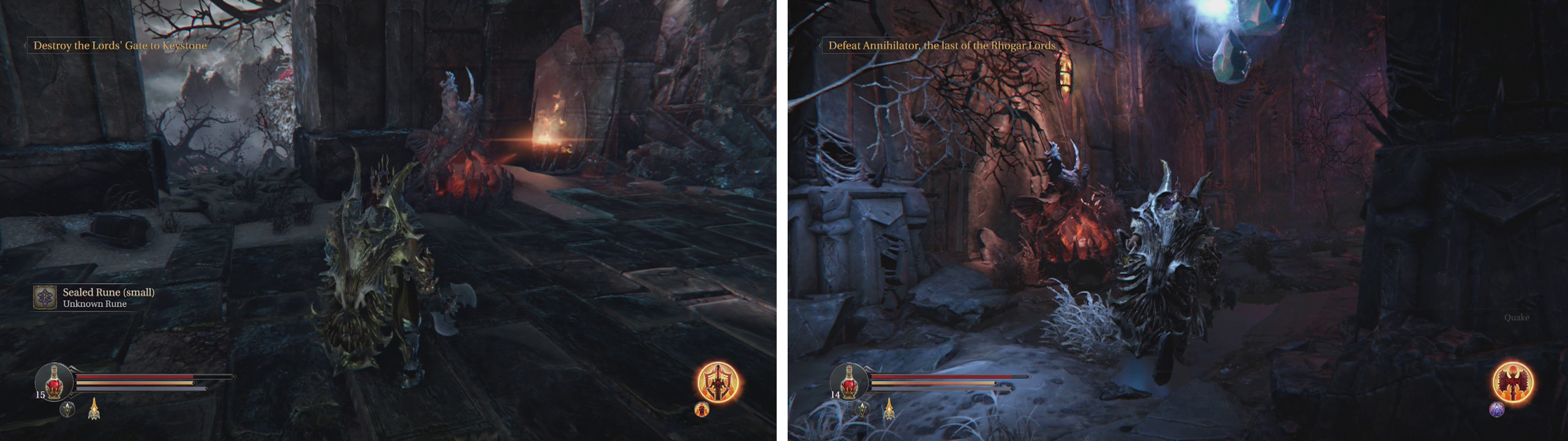 There are statues to destroy with the Tor Hammer on the Panorama (left) and in the first room of the Chamber of Lies (right).