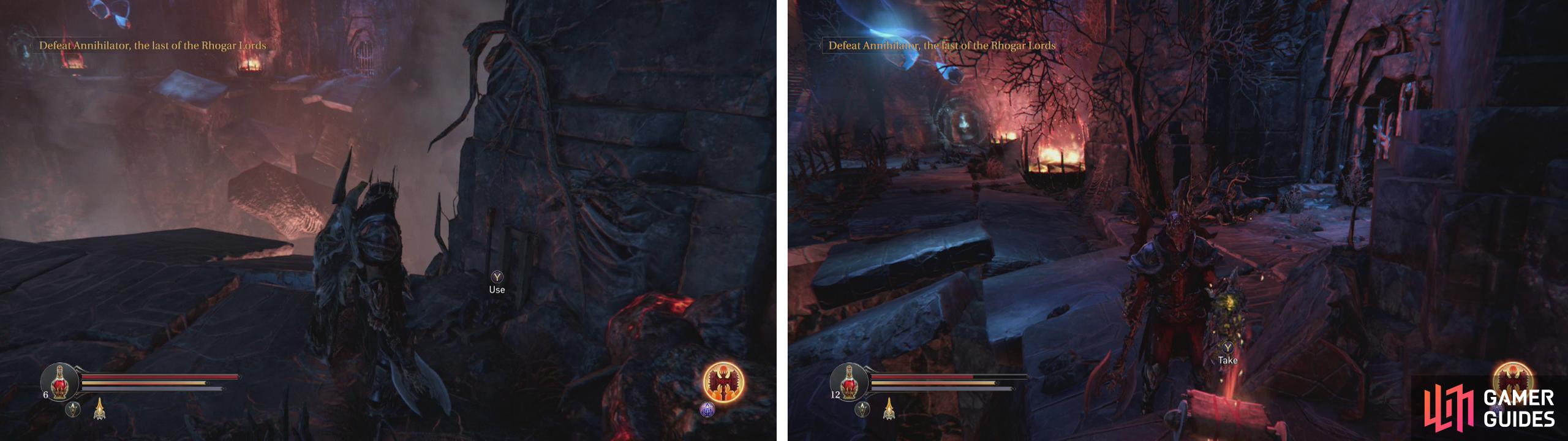 Pull the lever on the South Edge of the abyss room (left) to open the locked gate on the North side of the abyss (right). Inside is the Staffs Head quest item.