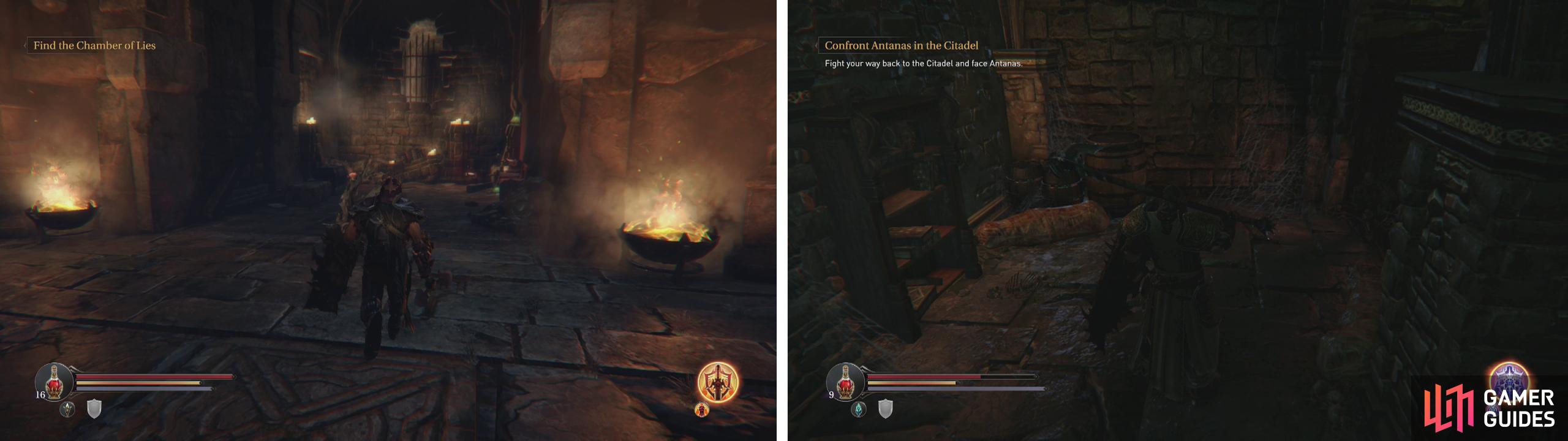 After defeating the Beast, return to the Champion's arena to find a chest and several Audio Notes (left). There is a hidden wall in the Cellar area containing an Empty Bottle (right).