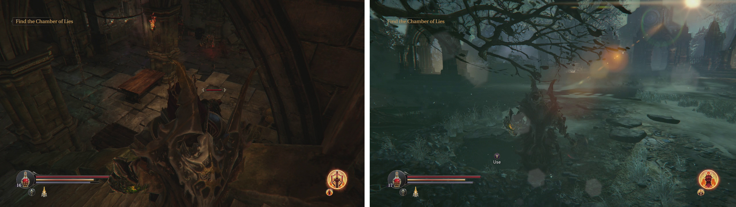 Grab the Cursed Sword from the Old Quarters in the Citadel (left). Place the sword into the hole in the Graveyard (right) to fight a ghost for a reward.