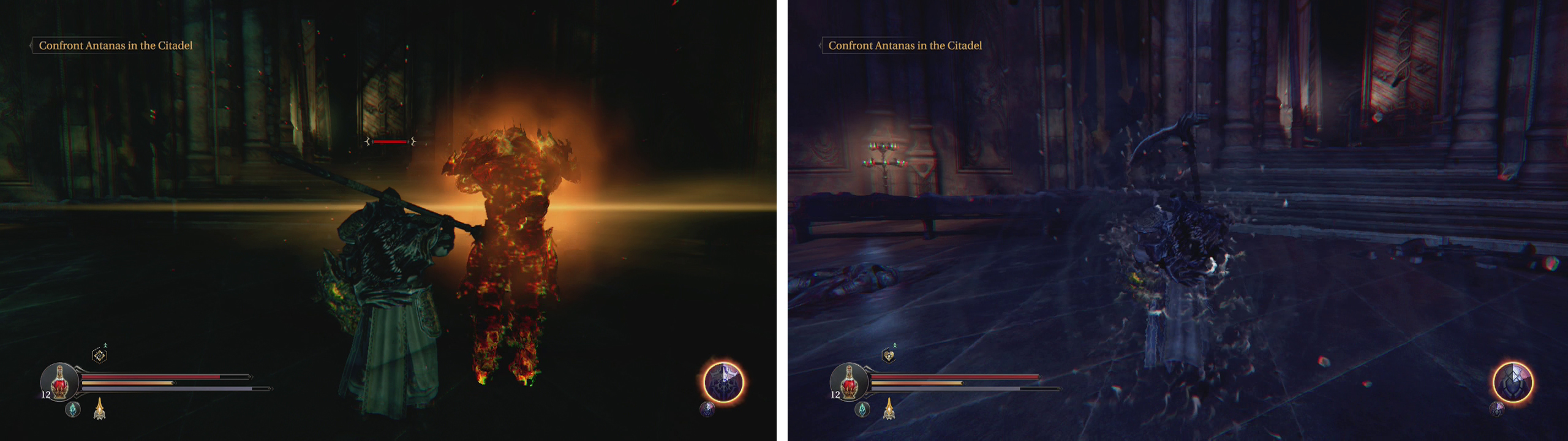 Prayer creates a decoy (left). Shelter creates a barrier around Harkyn that protects him from damage (right).