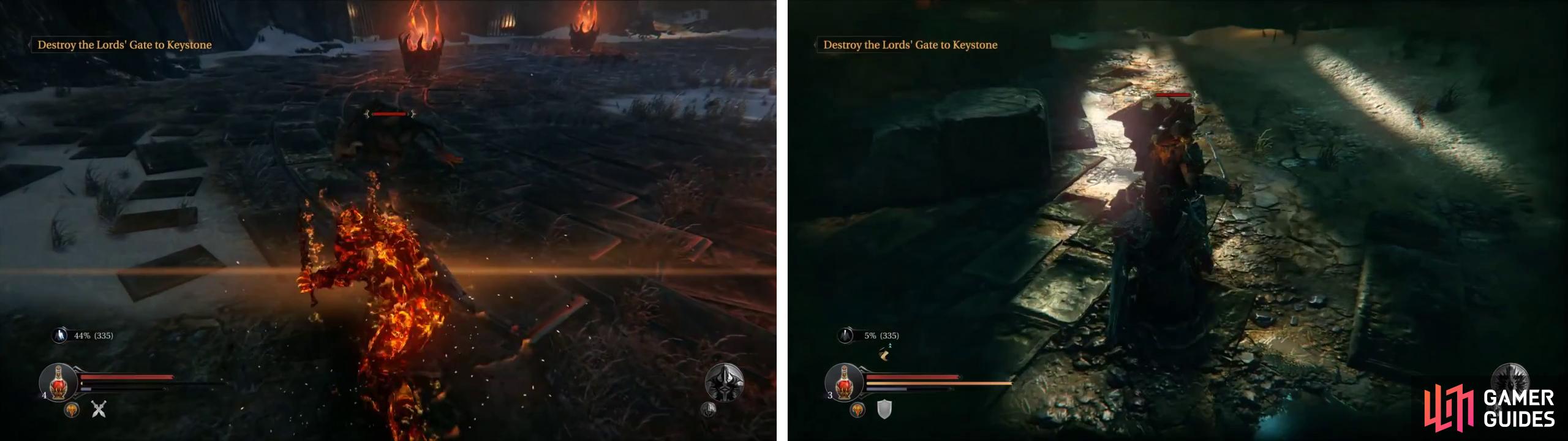 Mimic creates a fire elemental ontop of Harkyn, doubling damage (left). Shift allows Harkyn to sneak up on enemies undetected (right).