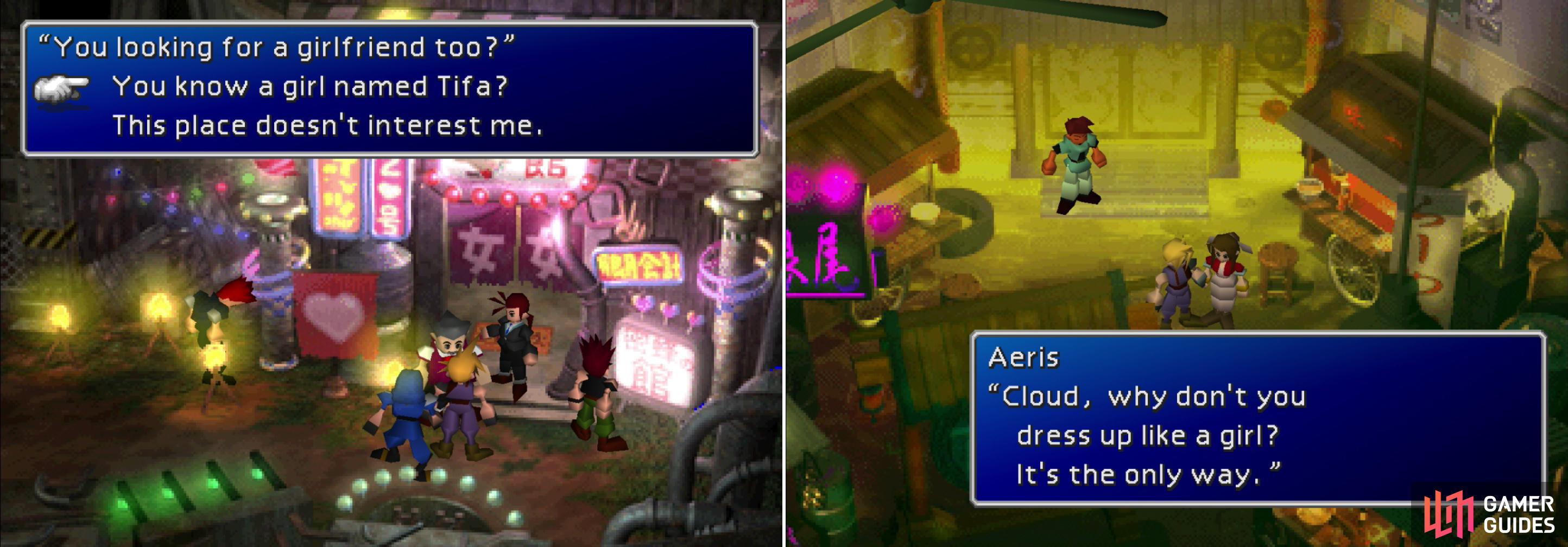 Talk to the perverts outside a bawdy club to learn about Tifa’s whereabouts (left). Seems Cloud’s going to have to adopt a… hilarious disguse to get access to the Don (right).