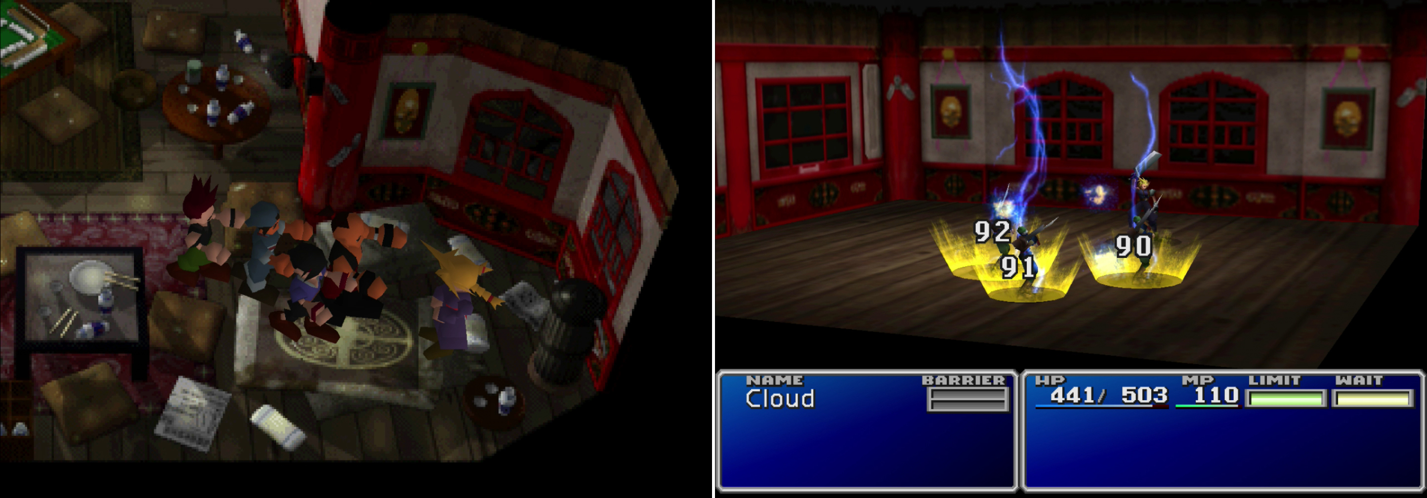 Corneo’s lackies will try to seduce Cloud-in-drag by using the infamous mummy pick-up technique (left). Unfortunately, Cloud will slip his disguise and fight off his suitors (right).