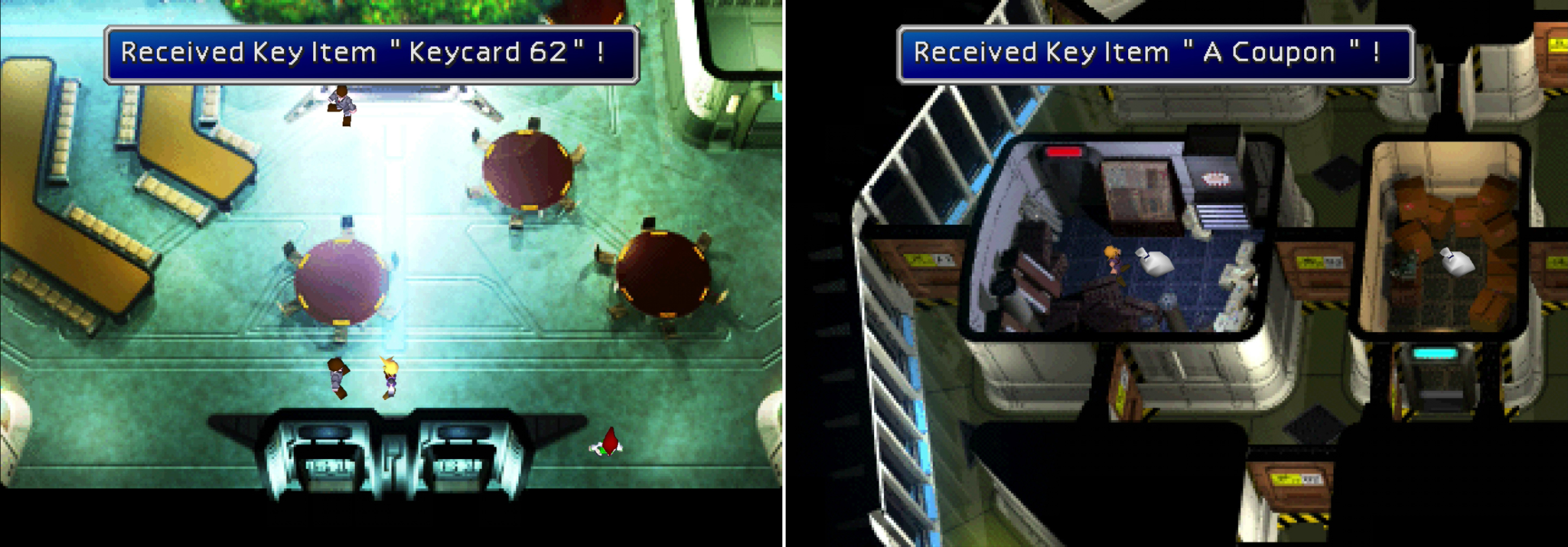 A misinformed Shinra employee will simply hand you his “Keycard 62” if you keep quiet (left). Disregard orders to stay out of the air ducts and claim all three prizes on the 63rd Floor (right).