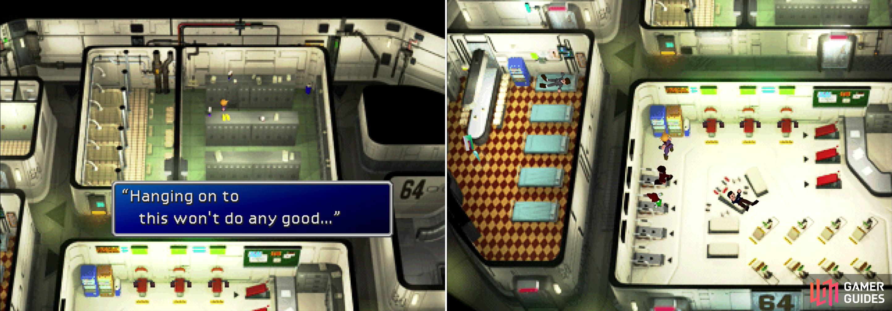 Cloud, in his ignorance, ends up leaving behind one of the most powerful weapons in the game (left). What a dink… If you assault the vending machine now, you can harvest it for some goodies much, much later (right).