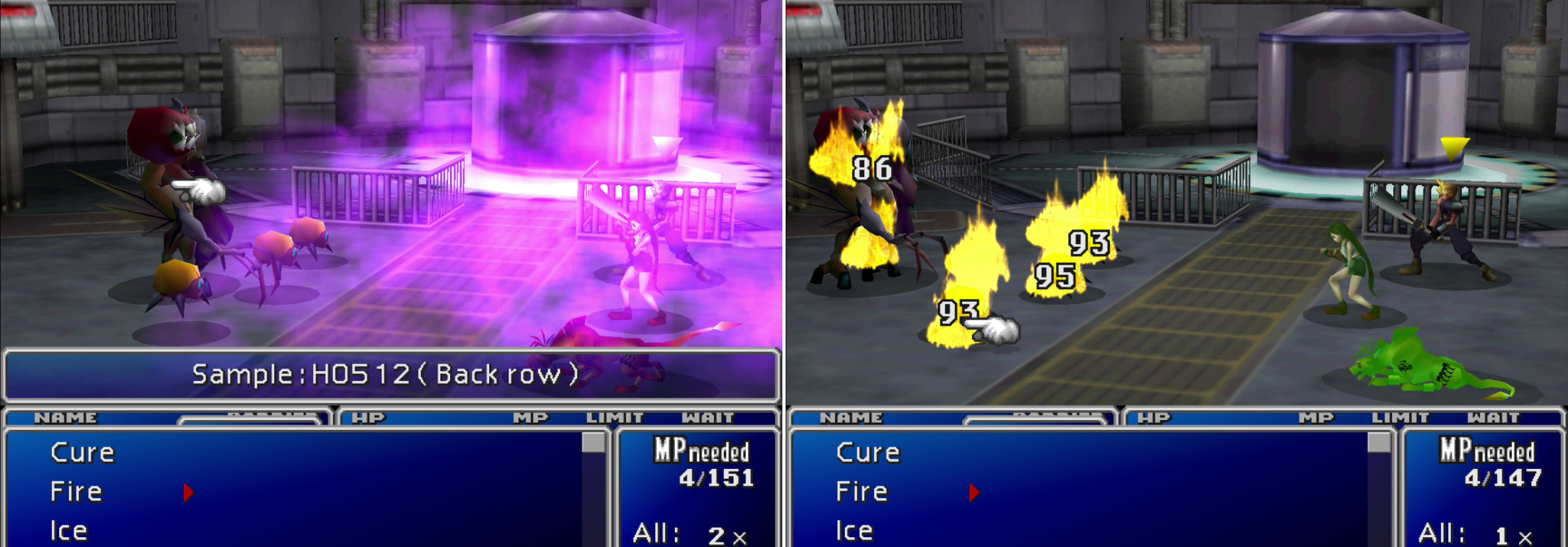 Sample HO512’s “Shady Breath” attack can poison the entire party if they’re not protect with a Star Pendant or Elemental Materia (left). Using magic to strike all your foes - or to harm Sample HO512 while bypassing its undelrings - is a good idea (right).