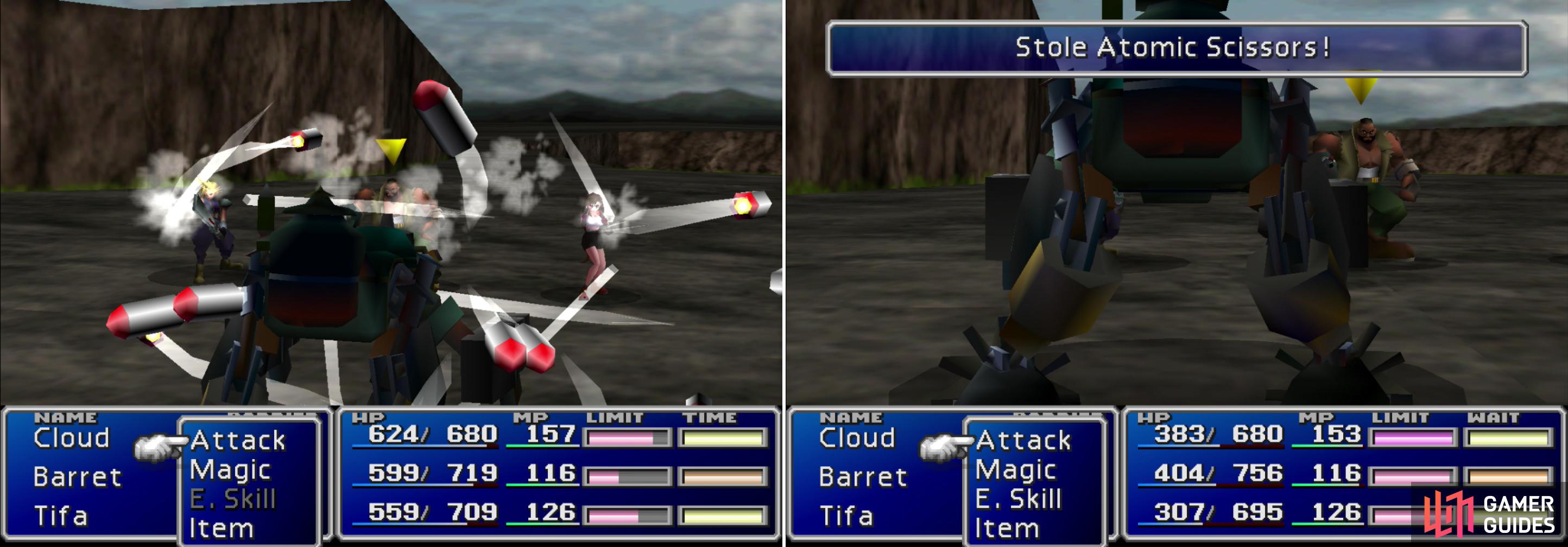You can learn your first Enemy Skill, “Matra Magic” from Custom Sweeper enemies around Midgar (left). You can also steal Atomic Scissors from them (right).