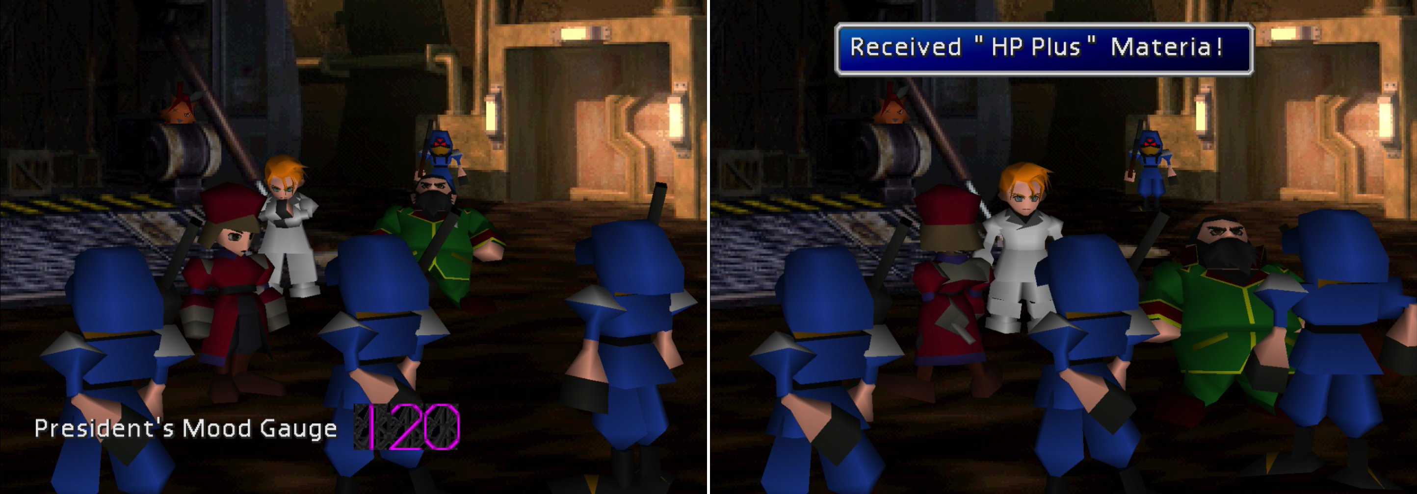 Impress Rufus by performing the right moves (left), or just do well enough to get the HP Plus Materia (right).
