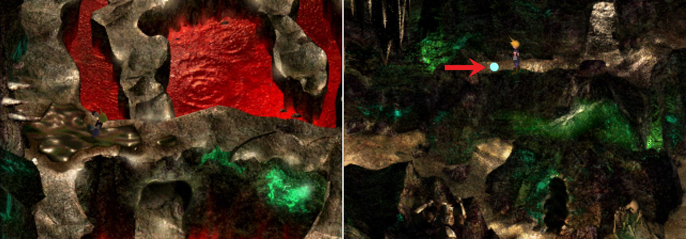 Avoid running on the slick patch on the ground, else you’ll find yourself in close contact wtih some spike (left). Be sure to pick up the Added Effect Materia in the Cave of the Gi (right).
