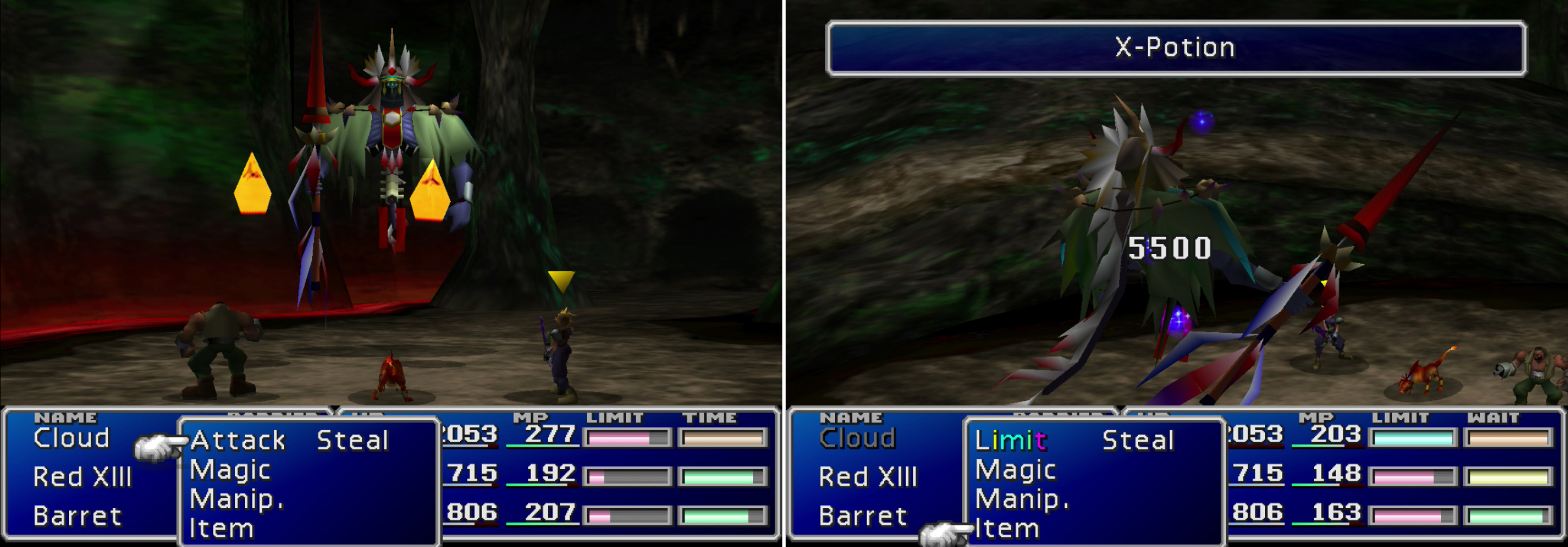 Gi Nattack is joined by two Soul Fire minion, who are only too happy to inflict fire damage on the party (left). If you’ve willing to spare an X-Potion, Gi Nattack can be killed in a single move (right). It doesn’t pay to be undead in a Final Fantasy game.