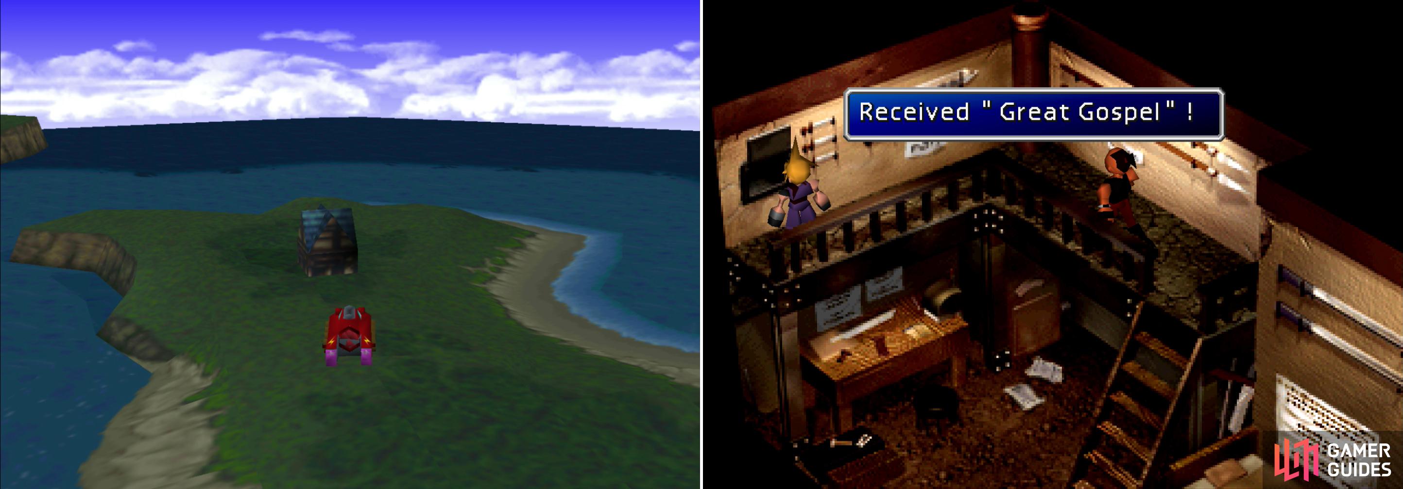 Head over to the isolated house near Gongaga (left) and trade the Mythril you got from the sleeping miner in for the Great Gospel; Aeris’s ultimate Limit Break (right).