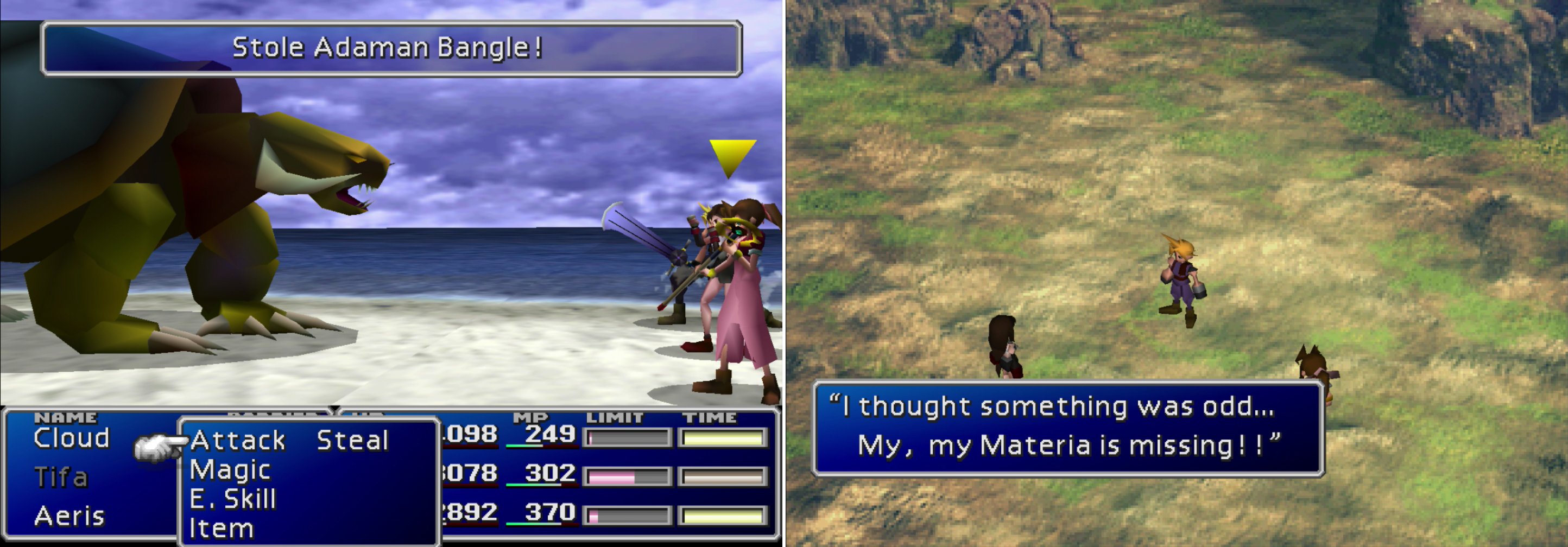 Learn the “Death Force” Enemy Skill from the Adamantaimai that prowl along Wutai’s beaches (left). After encountering some Shinra troops, the party will discover that Yuffie made off with some of their belongings (right).