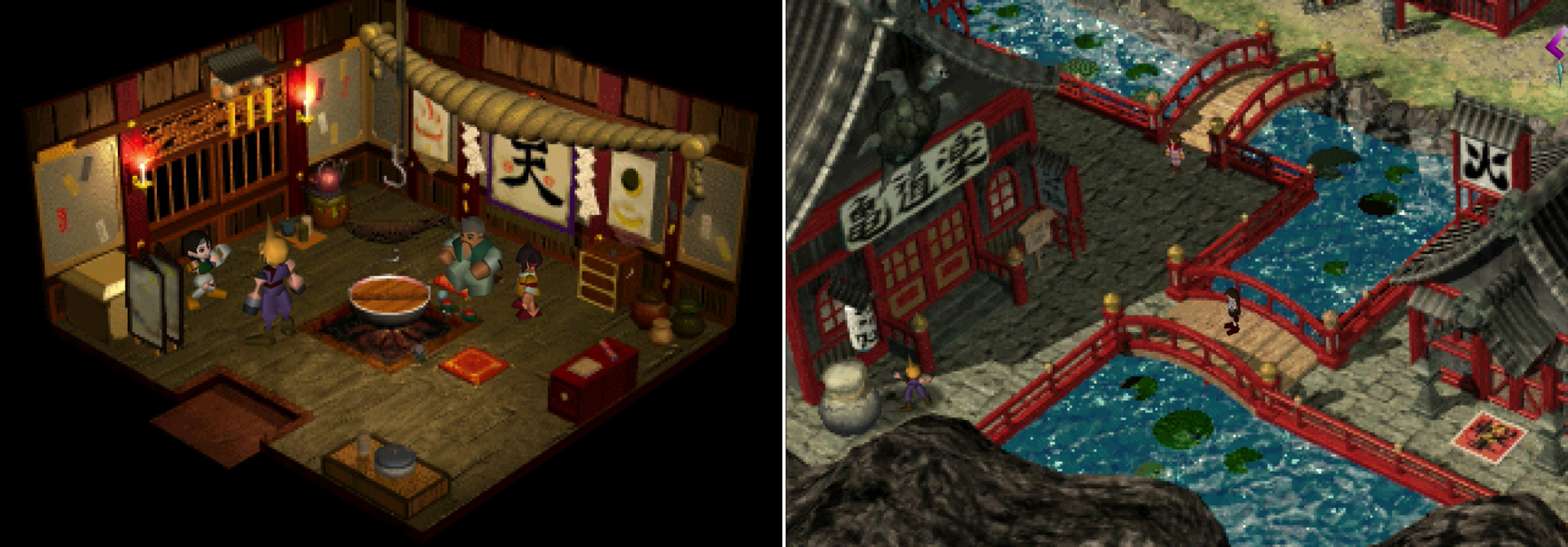 Find Yuffie lurking behind a screen (left), then set up an ambush for her as she hides in an urn near the Turtle’s Paradise (right).
