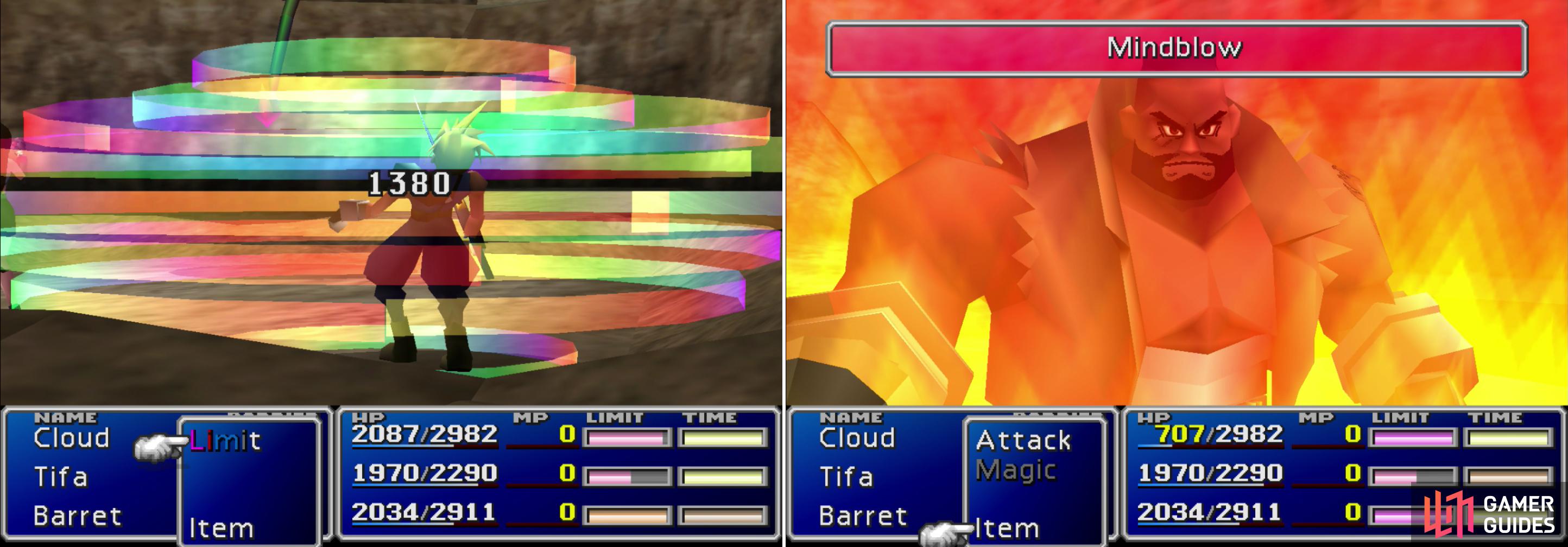 Rapps’ “Aero 3” attack can deal some wicked damage (left), but Barret’s Mind Blow Limit Break will deplete Rapps’ MP and deprive him of this attack (right).