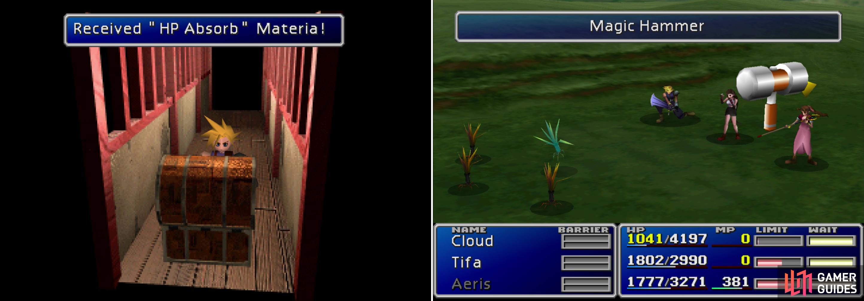 After recovering your Materia, find the HP Absorb Materia in the cat-filled house (left). Learn the “Magic Hammer” Enemy Skill from the Razor Weeds that dwell upon the grasslands outside of Wuiai (right).