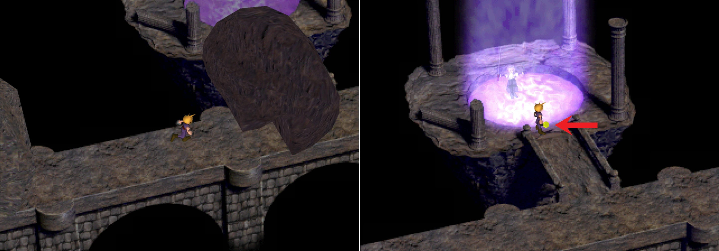Run under each of the rolling rocks, using the hollow to your advantage (left). After wtinessing a scene, grab the Morph Materia near the vision pool (right).