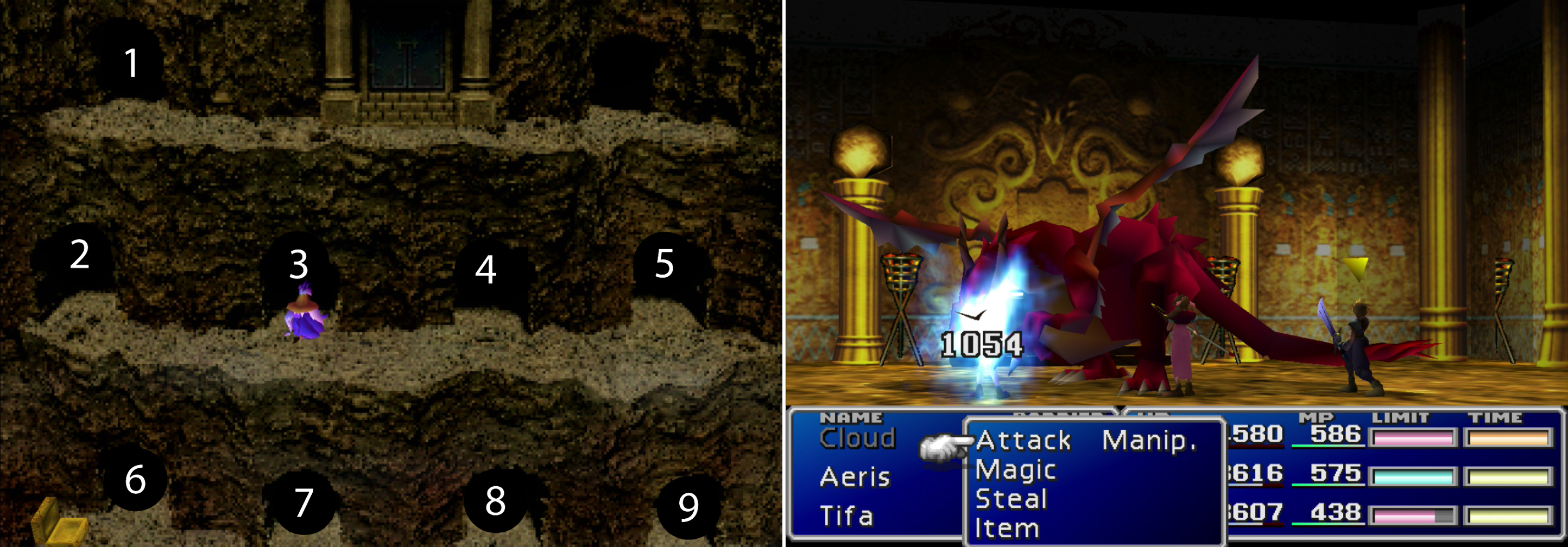 Chase the Ancient Spirit in and out various doors, Scooby-Doo style, the numbers on the image correspond to the directions give in the next (left). The Red Dragon uses plenty of fire elemental attacks and can deal decent damage, but it’s not an overly dangerous foe (right).